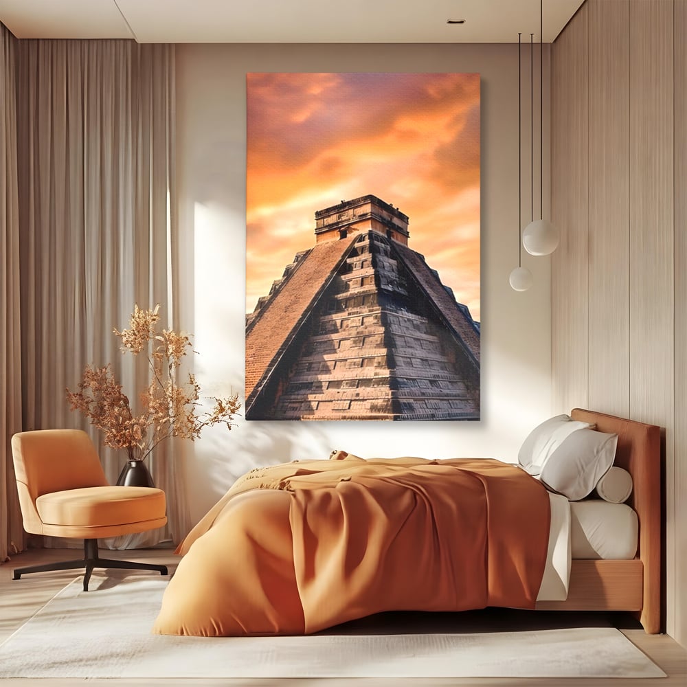 Tablou canvas cu tablou canvas cu piramida mayasa, fara rama, pe sasiu de lemn, pe perete intr-un dormitor
